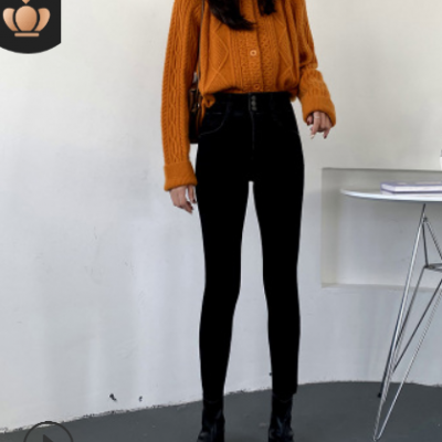 高腰抓绒牛仔裤女2020秋冬新款弹力显瘦修身加厚铅笔小脚牛仔长裤
