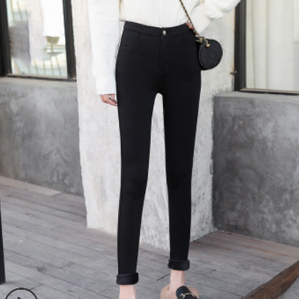 高腰加绒牛仔裤女2020秋冬新款弹力显瘦修身加厚铅笔小脚牛仔长裤图1