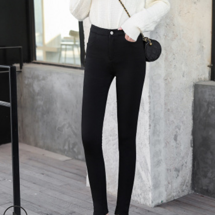 高腰加绒牛仔裤女2020秋冬新款弹力显瘦修身加厚铅笔小脚牛仔长裤图3