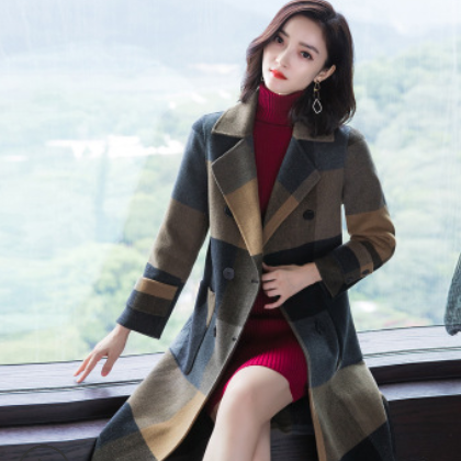 2020冬季新款女装流行格子大衣毛呢中长款韩版时尚妮子呢子外套图3