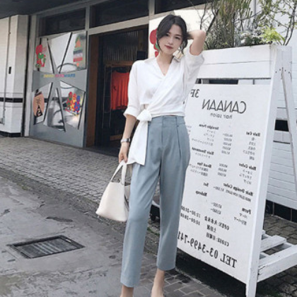 法式赫本法国小众网红女神范俏皮御姐洋气时尚直筒阔腿裤两件套装图2