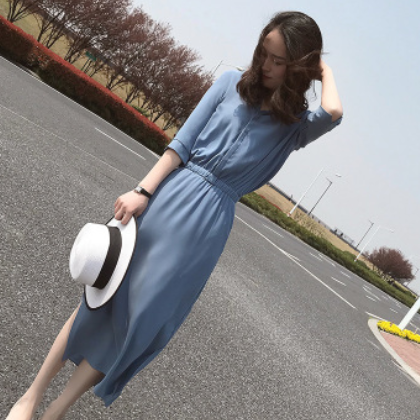 赫本长裙2020新款女装韩版时尚开叉裙子潮气质收腰显瘦连衣裙女夏图3