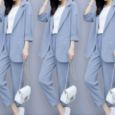 网红小西装外套女夏季薄款2020韩版宽松休闲仿棉麻亚麻西服套装女