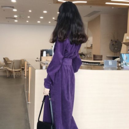 维多利亚法式桔梗复古裙收腰过膝仙女超仙甜美紫色外套长裙女秋冬图2