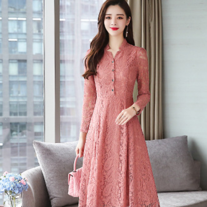 2020春秋装新款蕾丝修身气质打底女装纯色长袖大码连衣裙女图3