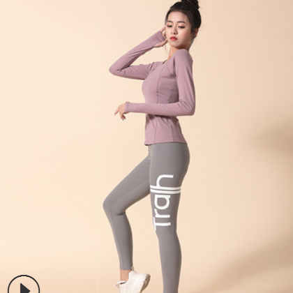 2020新款秋季瑜伽服套装字母印花健身裤网纱拼接长袖运动女装批发图2