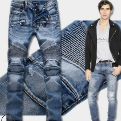欧美高街机车褶皱弹力牛仔裤BIKER JEANS多口袋拉链修身小脚裤图2