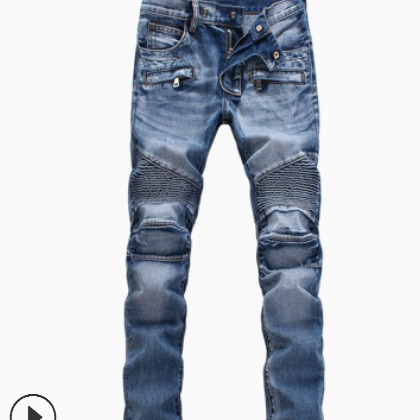 欧美高街机车褶皱弹力牛仔裤BIKER JEANS多口袋拉链修身小脚裤图3