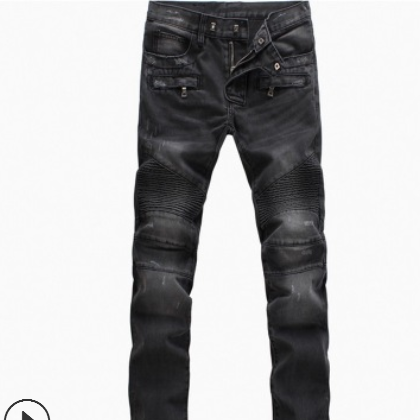 欧美高街机车褶皱弹力牛仔裤BIKER JEANS多口袋拉链修身小脚裤图1