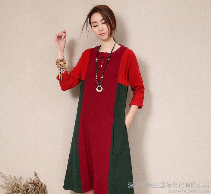 春装新款棉麻女装时尚亚麻连衣裙文艺棉麻长袖连衣裙胖MM宽松裙图1