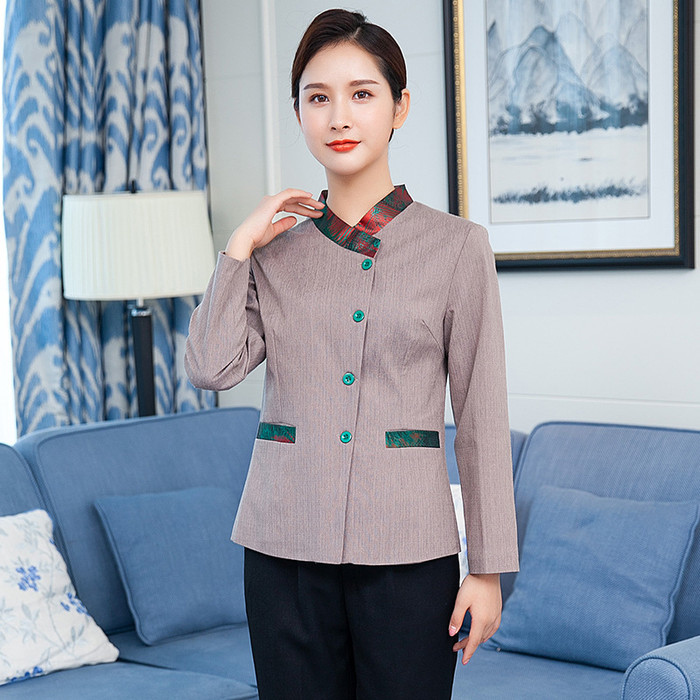 亚麻酒店工服定制 服务员工装批发厂家 宾馆保洁服定做logo 酒店工作服批发 物业制服订制工厂图1
