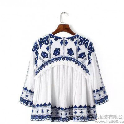 ASDS 2015春夏季欧美新款 重工刺绣青花瓷流苏棉麻外套