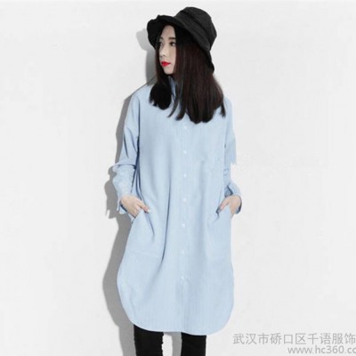 2015春装女装棉麻衬衫上衣百搭翻领中长款宽松显瘦OP条纹衬