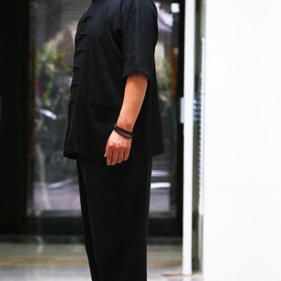 中国风 棉麻老粗布男士中式短袖唐装 练功服居士服套装