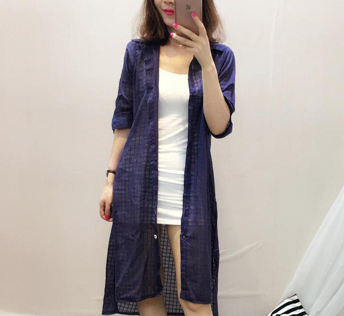 1503#)2016夏季新款简约百搭棉麻格子长款开衫潮女图1