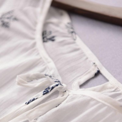 夏季女装新款中袖领口系带 树叶刺绣薄款棉麻衬衫