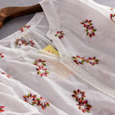 2015女装夏季韩版  刺绣五彩花朵蕾丝花边流苏绳 棉麻上衣