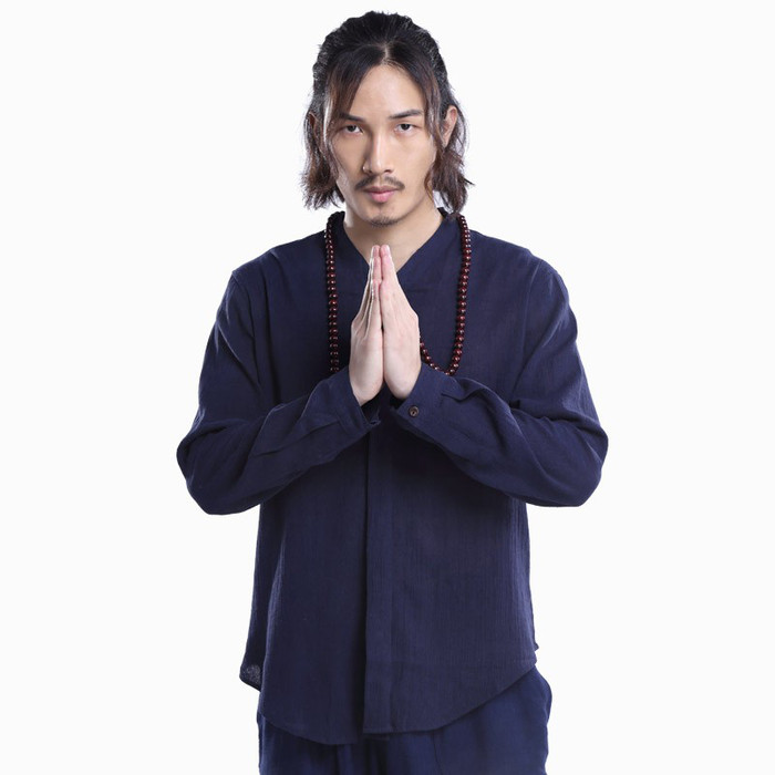 夏季薄款男士亚麻衬衫男修身长袖棉麻休闲衬衣男式唐装中国风复古图1