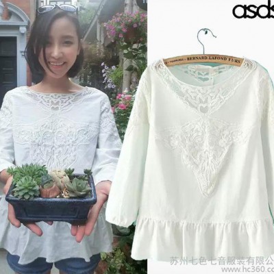 ASDS 2015夏季新款 棉麻泡泡袖荷叶边蕾丝镂空刺绣上衣