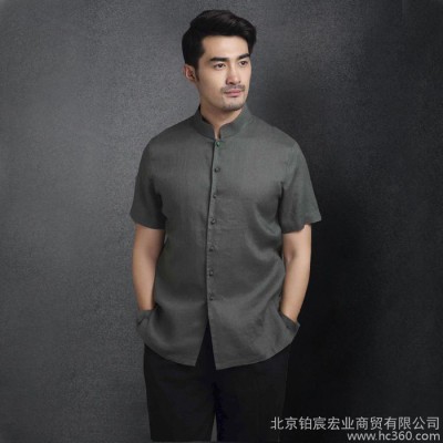 中国风男士唐装立领短袖棉麻上衣标准中式民族服装夏秋季亚麻衬