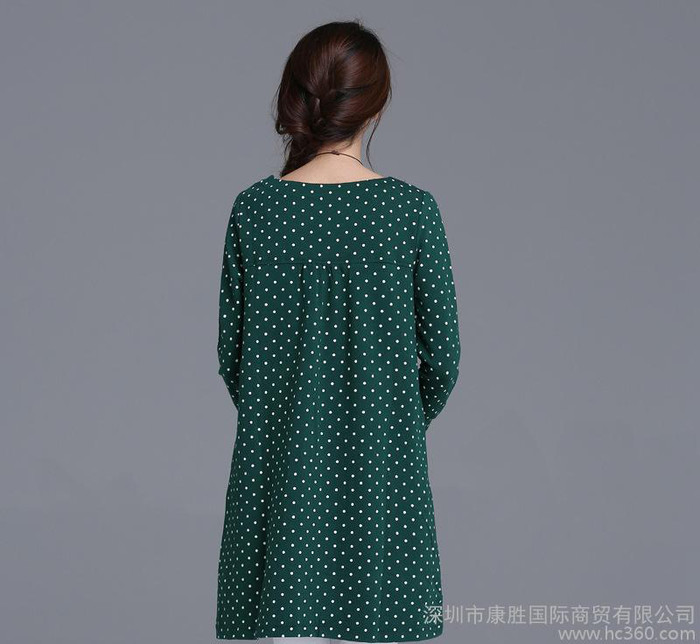 2016春装新款女装文艺连衣裙大码打底衫圆领棉麻显瘦九分袖连图1