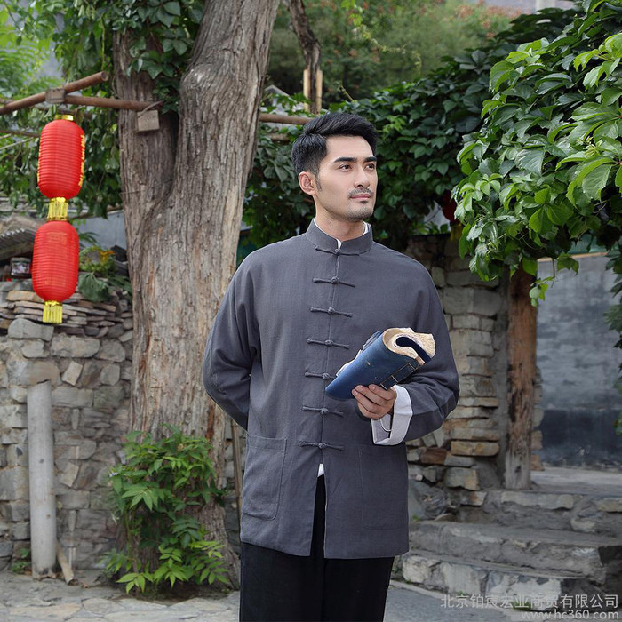 中国风中老年唐装男长袖棉麻外套中式盘扣改良时尚唐装修身**图1