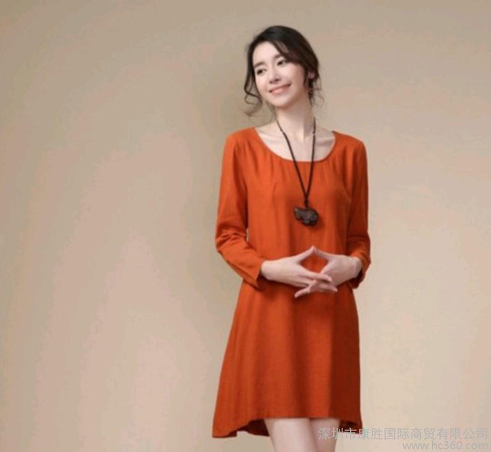 2015春新款中长款亚麻连衣裙 文艺范森系大码棉麻女装长袖连图1
