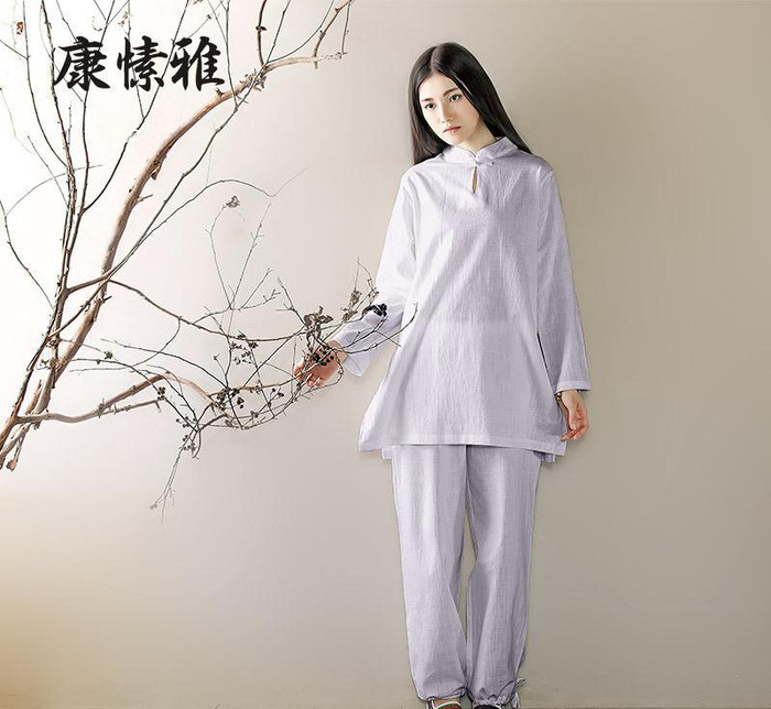 夏季新款瑜伽服套装棉麻白色禅修服女居士服太极茶服K611图1