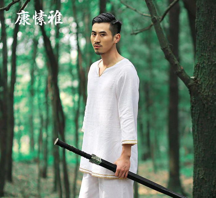 康愫雅棉麻瑜伽服 V领金边透气禅修服 居士服太极服男S1635图1