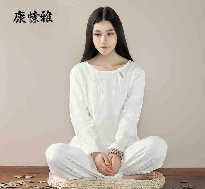 康愫雅棉麻禅修服女白色复古中长款居士服佛教宽松瑜伽套装K621图1
