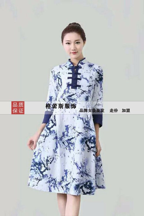 16年复古盘扣民族风新款时尚收腰棉麻秋冬连衣裙批发图1