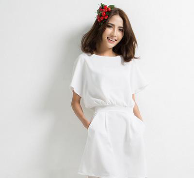 夏装新款韩版棉麻透气气质**袖收腰显瘦连衣裙