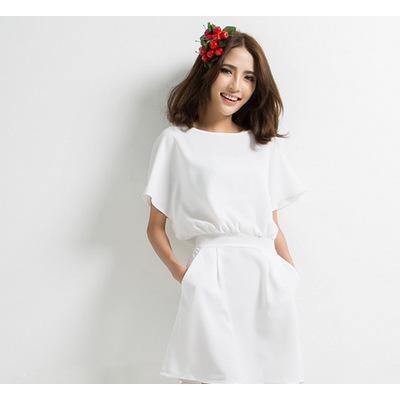 夏装新款韩版棉麻透气气质**袖收腰显瘦连衣裙