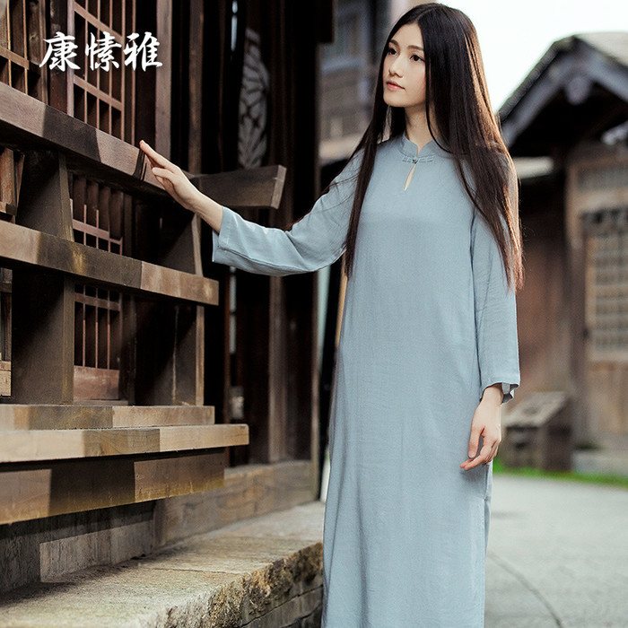 工厂直销居士服长袍茶人服女宽松大码女士长裙复古棉麻连衣裙K629图1
