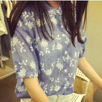 2015夏季新款 棉麻刺绣文艺风立领衬衣