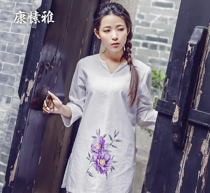 工厂茶服文艺手绘打坐禅修服 棉麻瑜伽服女夏禅服定制K901图1