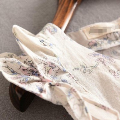 韩国风夏季女装新款 木耳边双层飞袖印花棉麻短袖衬衫女