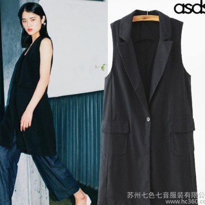 ASDS 2015秋季欧美新款  时尚棉麻口袋翻领中长款马甲