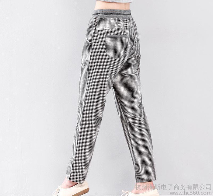 2016春季新品中年大码棉麻女裤直筒宽松格子休闲裤女长裤妈妈图1