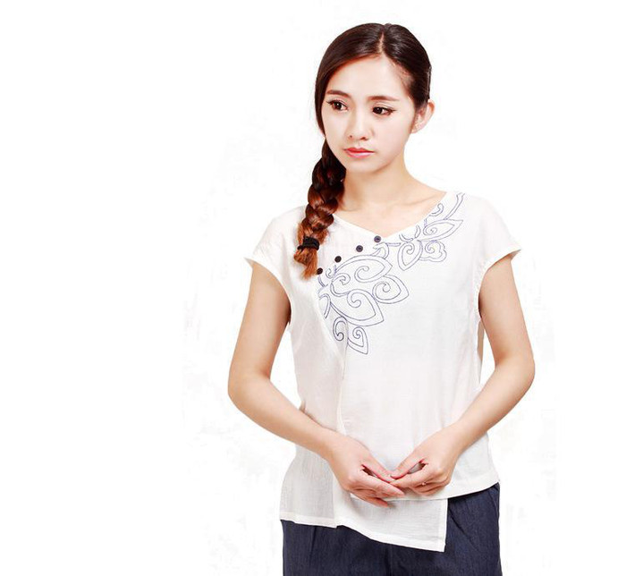 2015民族风原创女装 文艺范棉麻绣花不规则下摆修身短袖衬衣图1