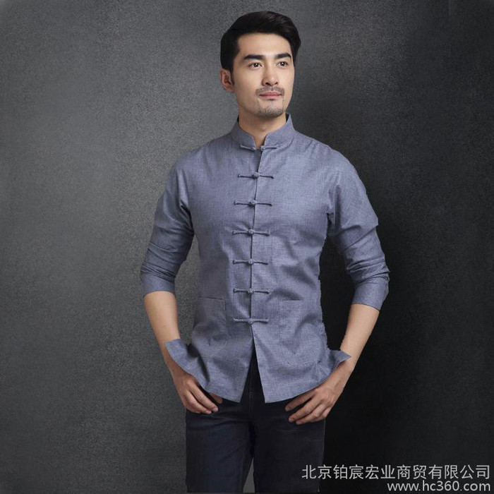中国风男士亚麻唐装中年立领中袖男上衣修身中式民族服装棉麻衬图1