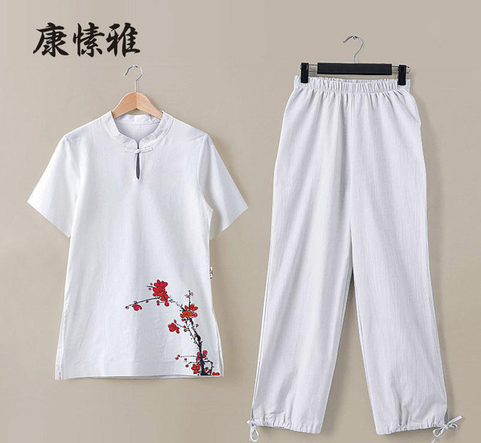 夏季宽松瑜伽套装女太极服短袖居士服禅修服棉麻茶服盘扣立领K911 新款瑜伽服图1