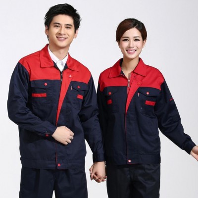 新款春秋上红下蓝工作服，材质涤棉含60%棉，型号大中小号齐全
