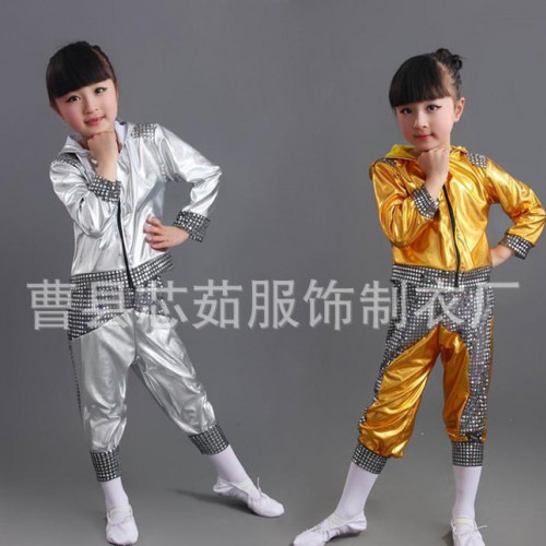 爵士舞亮片套装街舞连帽儿童演出服HIPHOP嘻哈舞台金色银色图1