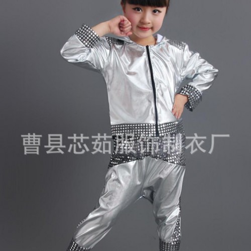 爵士舞亮片套装街舞连帽儿童演出服HIPHOP嘻哈舞台金色银色图2