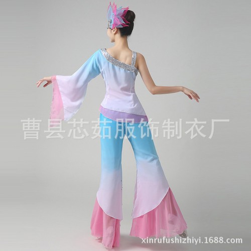 新款单肩古典舞蹈服装江南雨表演服伞舞演出服民族扇子舞台秧歌服图1