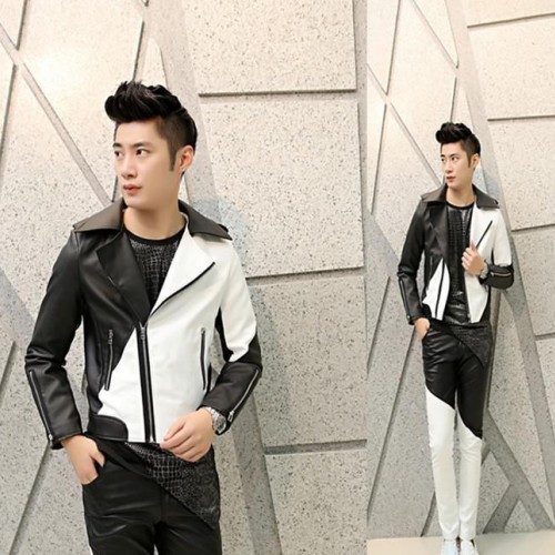 新款韩版皮衣外套 修身演出服拼色皮衣 舞台明星青睐款男士皮衣图2