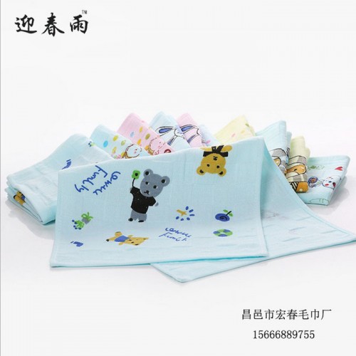 迎春雨 纯棉纱布毛巾 印花纱布婴幼儿童毛巾 可爱动物印花柔软吸水童巾图3