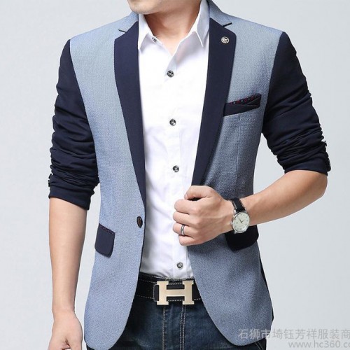 新品秋季男式西装韩版修身小西装男拼色小西服外套潮流图1
