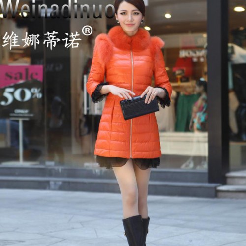 2013海宁修身中长款羽绒皮衣图2